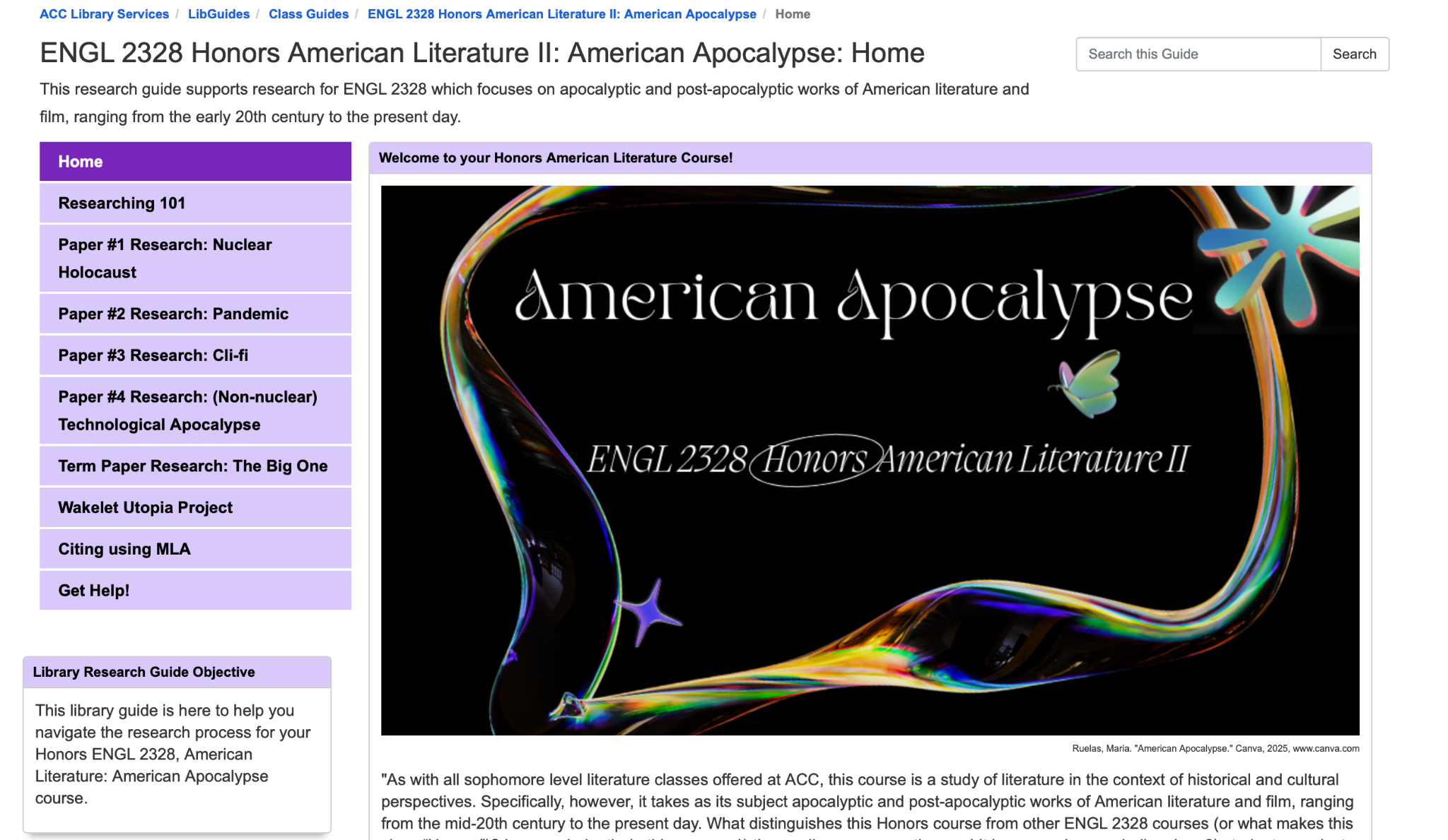 Honors ENGL 2328 American Apocalypse research guide, with assignment based navigation and research support