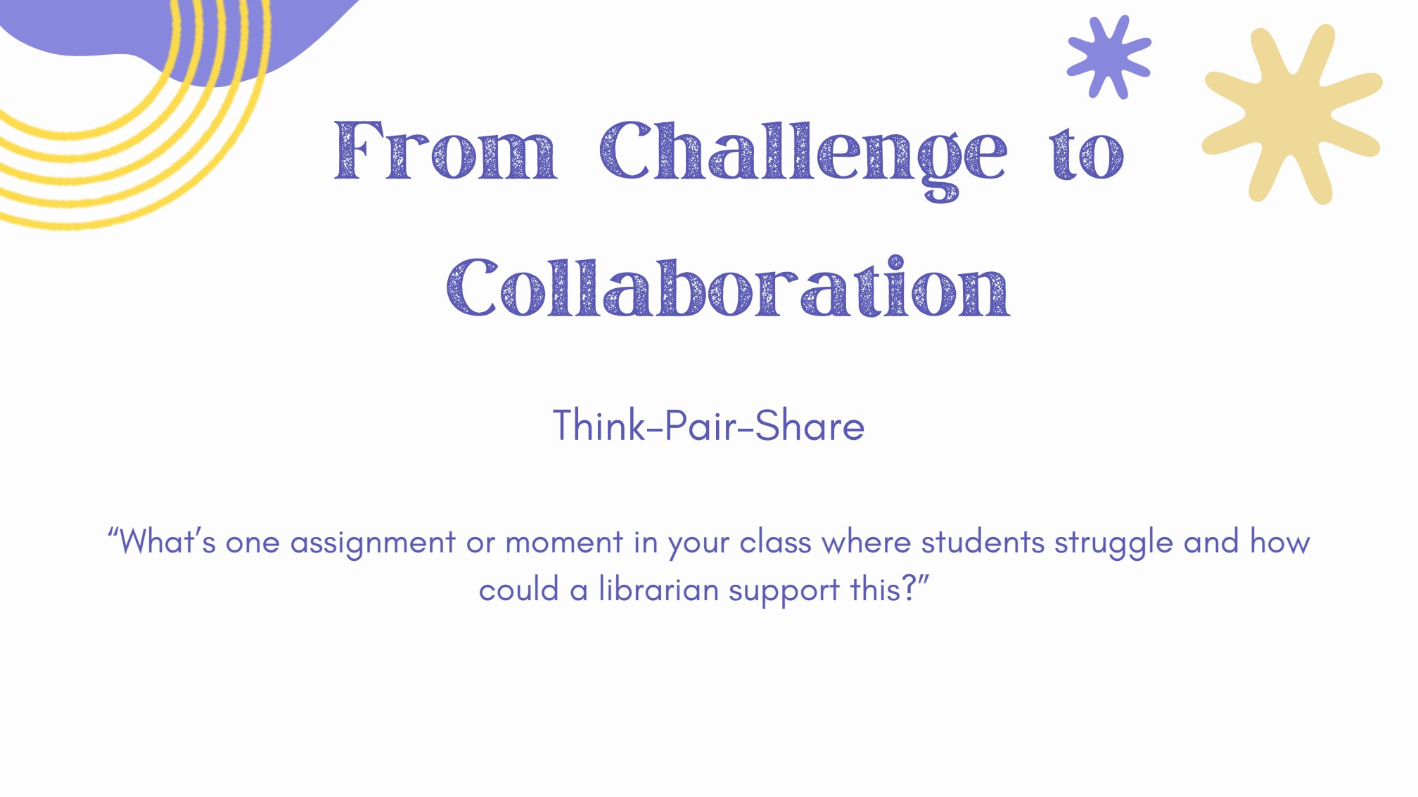 Think-pair-share activity asks participants to identify a student challenge and how a librarian could support it